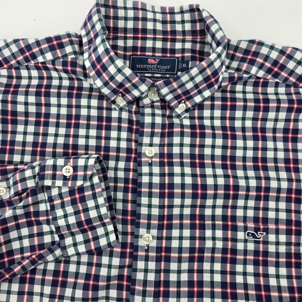 Vineyard Vines Mens XL Classic Fit Tucker Shirt Plaid Cotton Button Down Navy